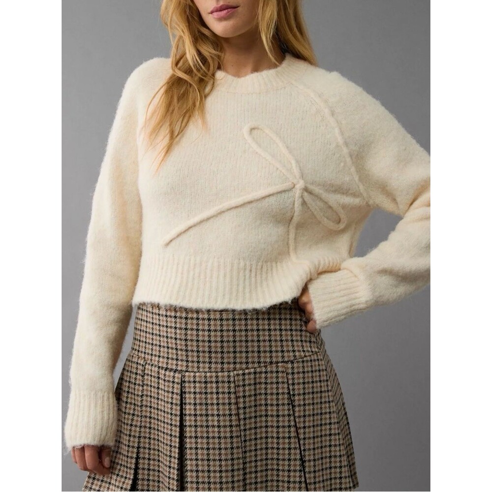 American Eagle Cozy Cream Bow-Accent Crewneck Sweater- L